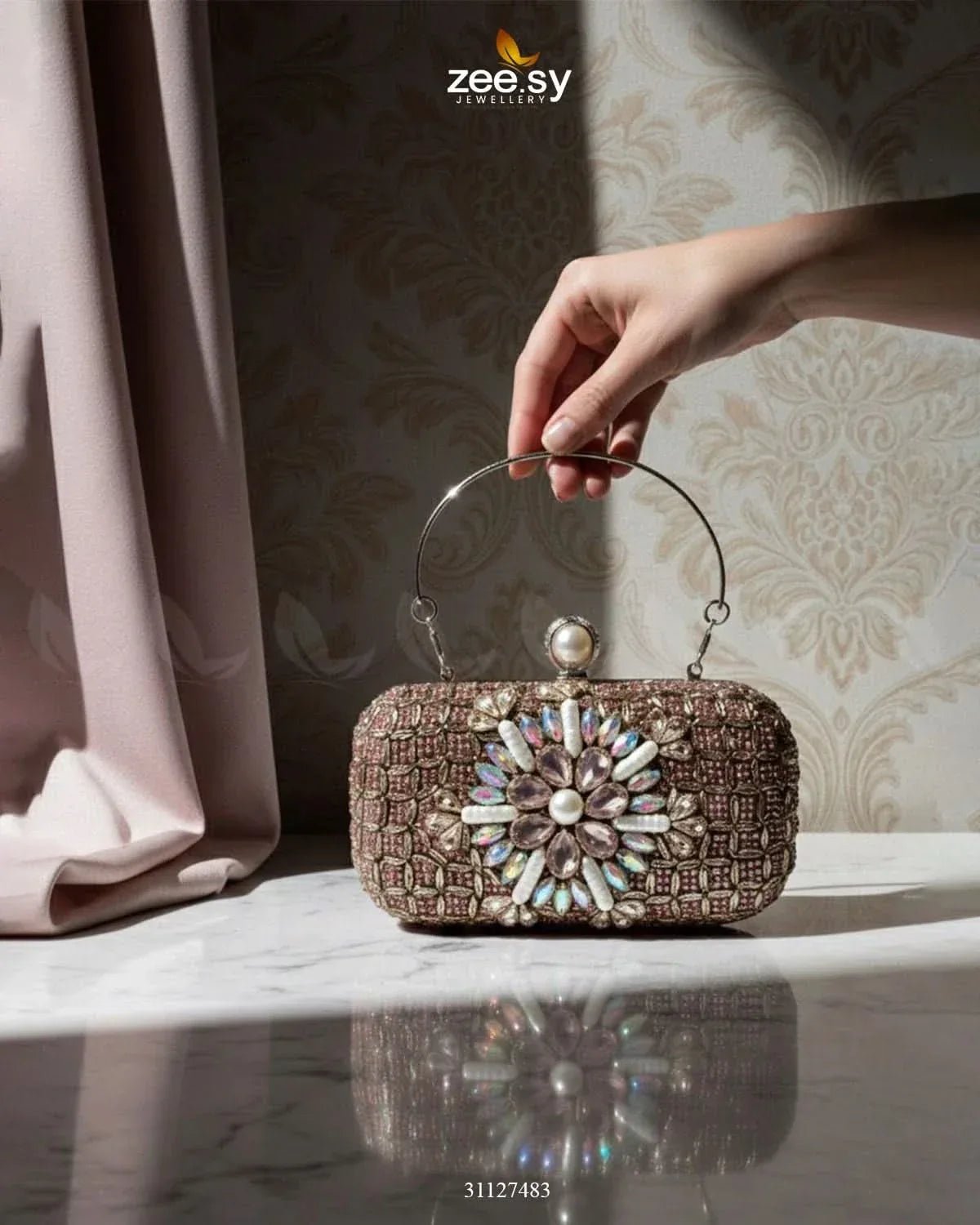 Rose Petal Crystal Clutch Bag ACCESSORIES - Zeesy Jewellery Pakistan | Premium Artificial & Imitation Jewellery