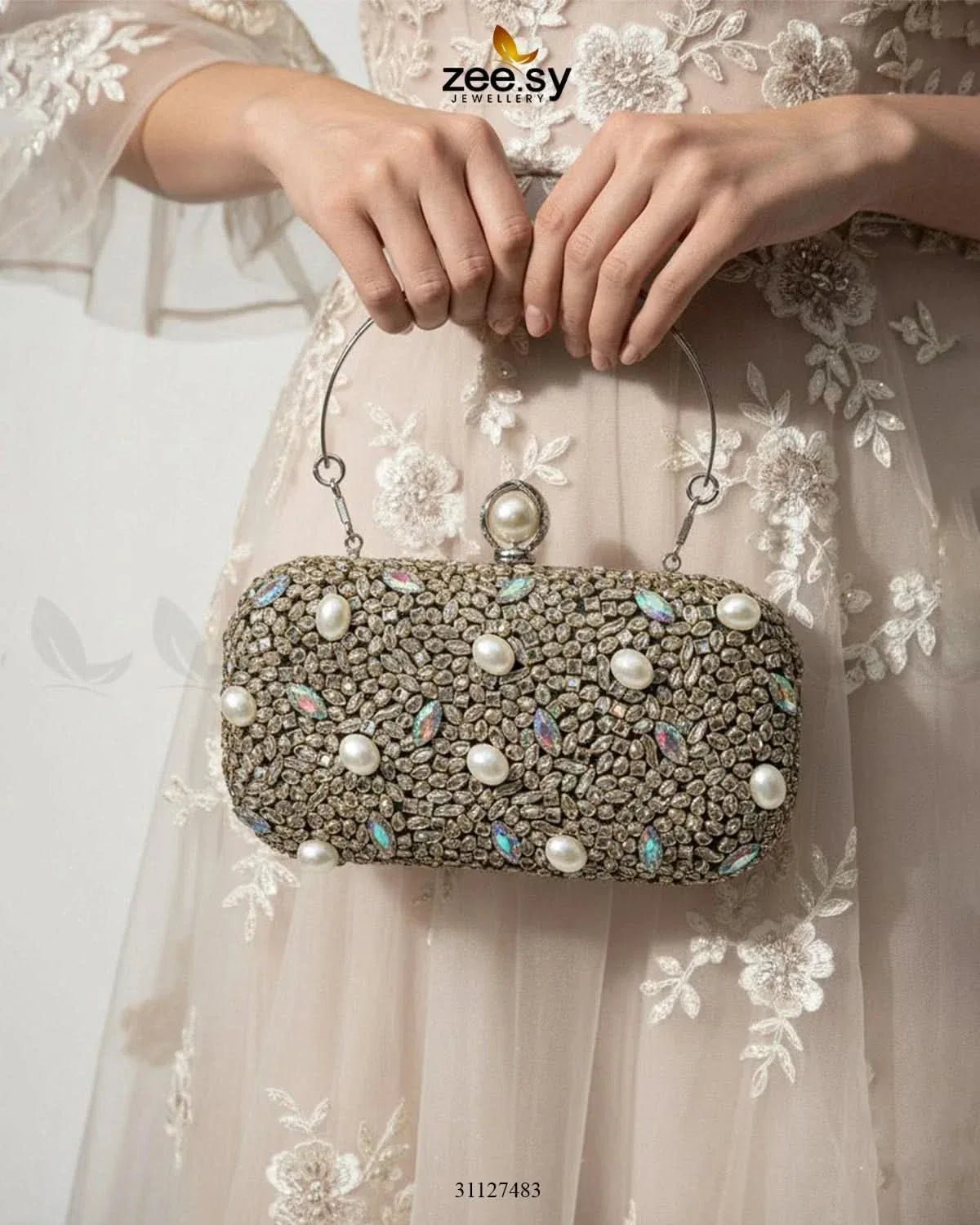 Rose Petal Crystal Clutch Bag ACCESSORIES - Zeesy Jewellery Pakistan | Premium Artificial & Imitation Jewellery