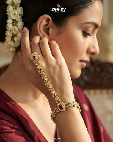 Roxane Flower Kundan Anja Bracelet Golden Red ACCESSORIES - Zeesy Jewellery Pakistan | Premium Artificial & Imitation Jewellery