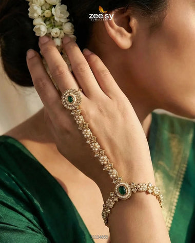 Roxane Flower Kundan Anja Bracelet Golden Green ACCESSORIES - Zeesy Jewellery Pakistan | Premium Artificial & Imitation Jewellery