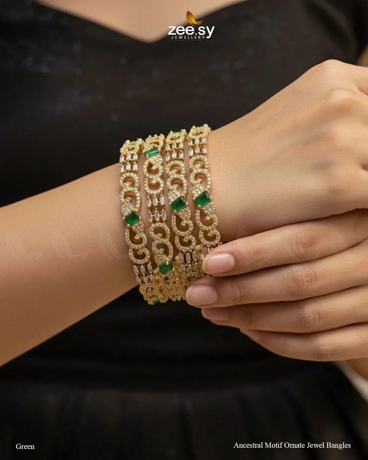 Ancestral Motif Ornate Jewel Bangles - Green BANGLES - Zeesy Jewellery Pakistan | Premium Artificial & Imitation Jewellery