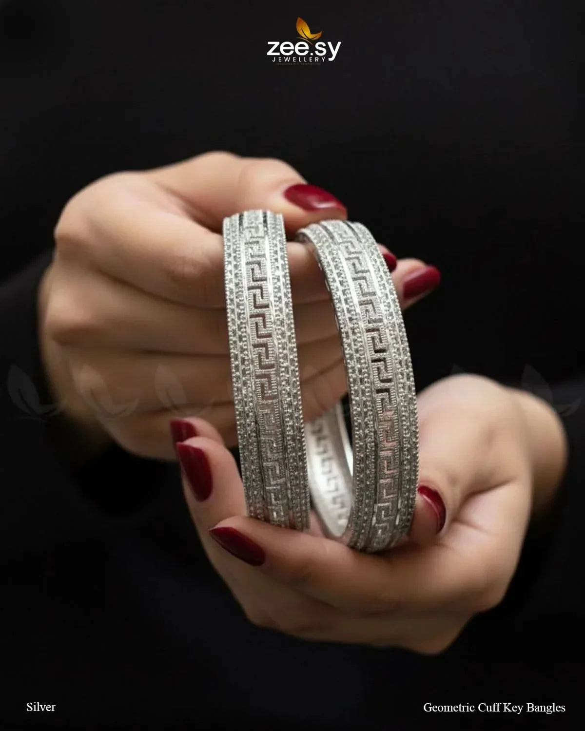 Geometric Cuff Key Bangles - Silver BANGLES - Zeesy Jewellery Pakistan | Premium Artificial & Imitation Jewellery