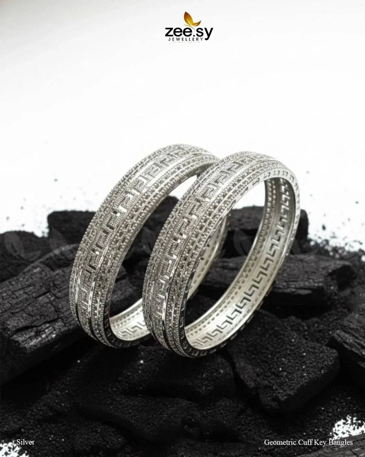 Geometric Cuff Key Bangles - Silver BANGLES - Zeesy Jewellery Pakistan | Premium Artificial & Imitation Jewellery