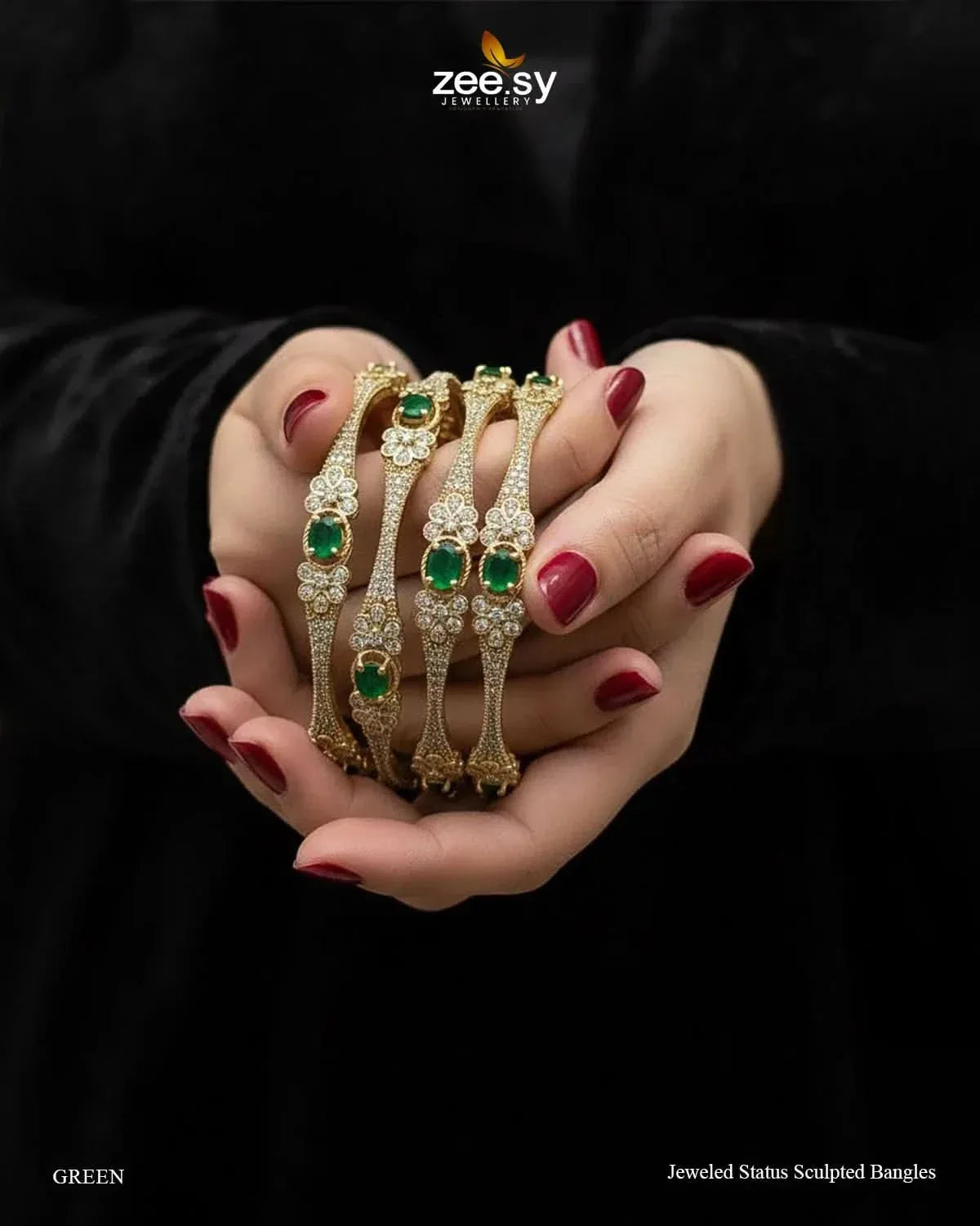 Jeweled Status Sculpted Bangles - Green BANGLES - Zeesy Jewellery Pakistan | Premium Artificial & Imitation Jewellery