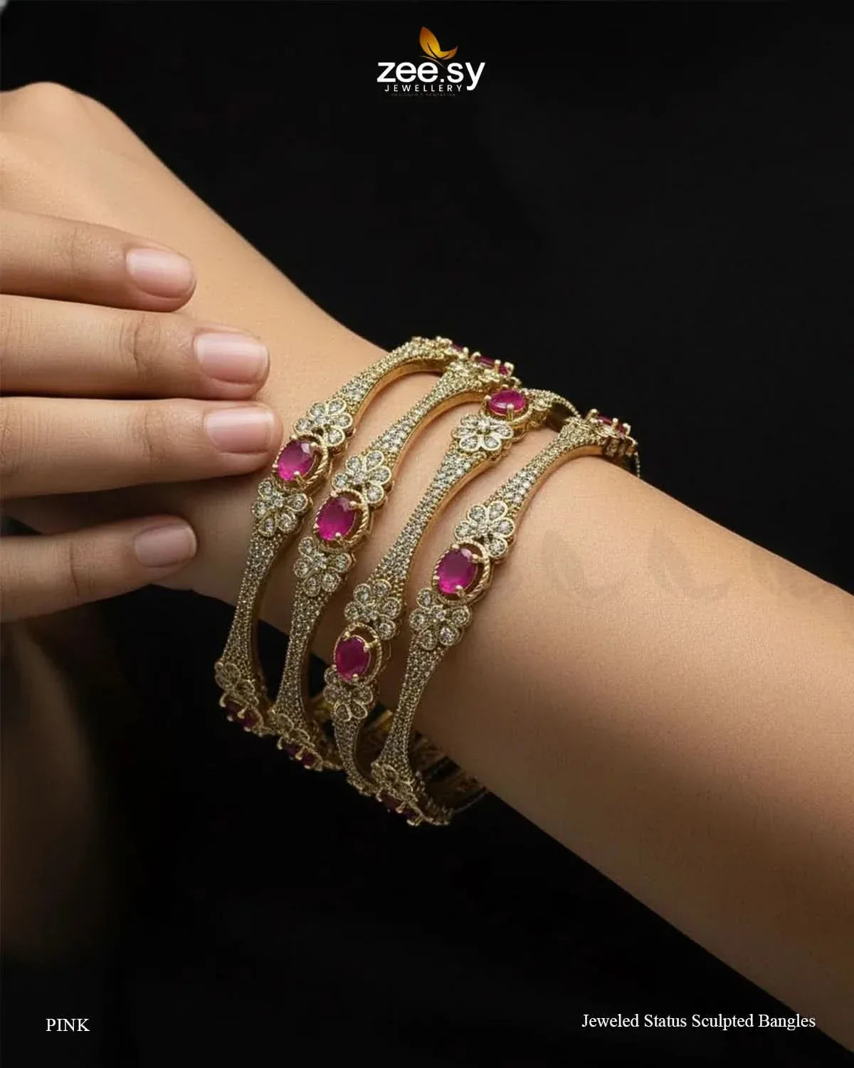 Jeweled Status Sculpted Bangles - Pink BANGLES - Zeesy Jewellery Pakistan | Premium Artificial & Imitation Jewellery
