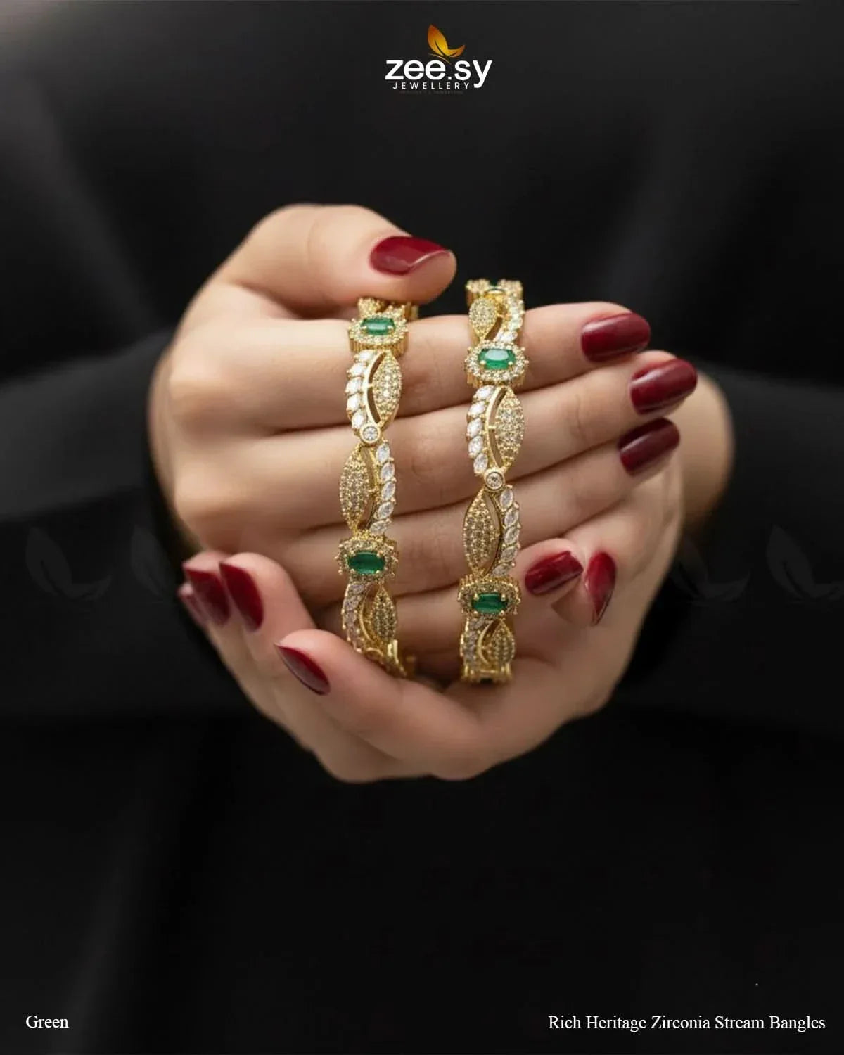 Rich Heritage Zirconia Stream Bangles - Green BANGLES - Zeesy Jewellery Pakistan | Premium Artificial & Imitation Jewellery