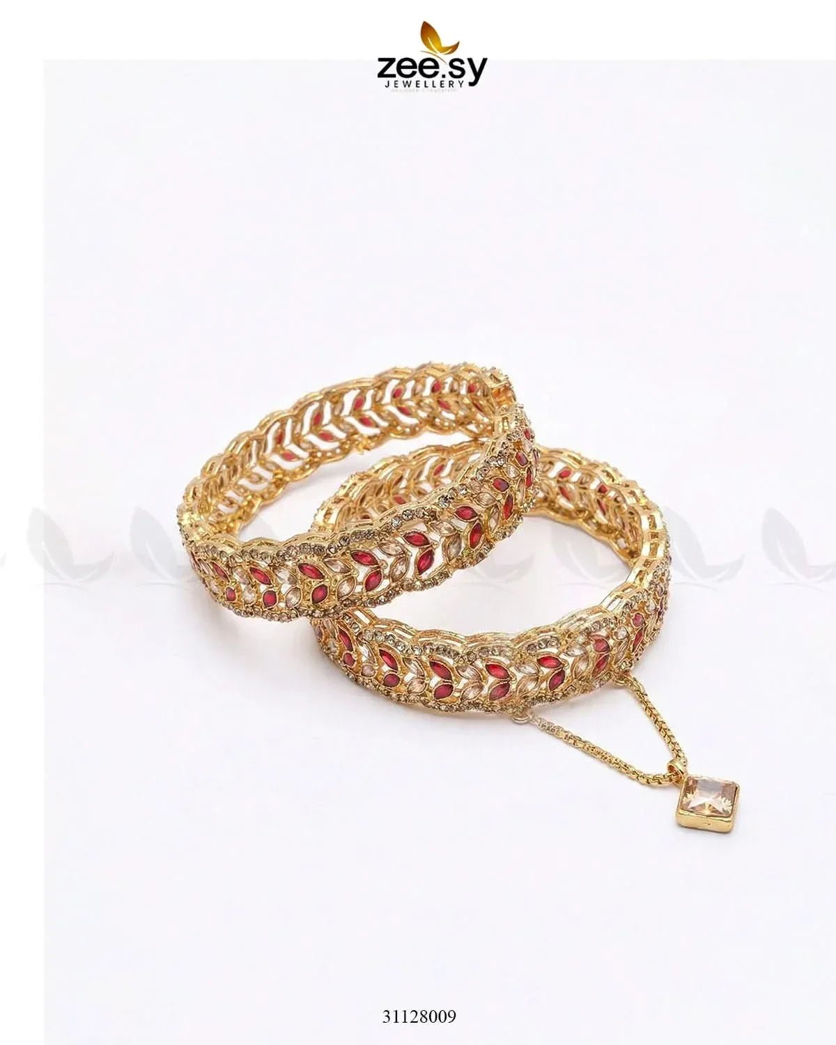 Leaf Vine Gems Stone Bangles Golden Red BANGLES - Zeesy Jewellery Pakistan | Premium Artificial & Imitation Jewellery