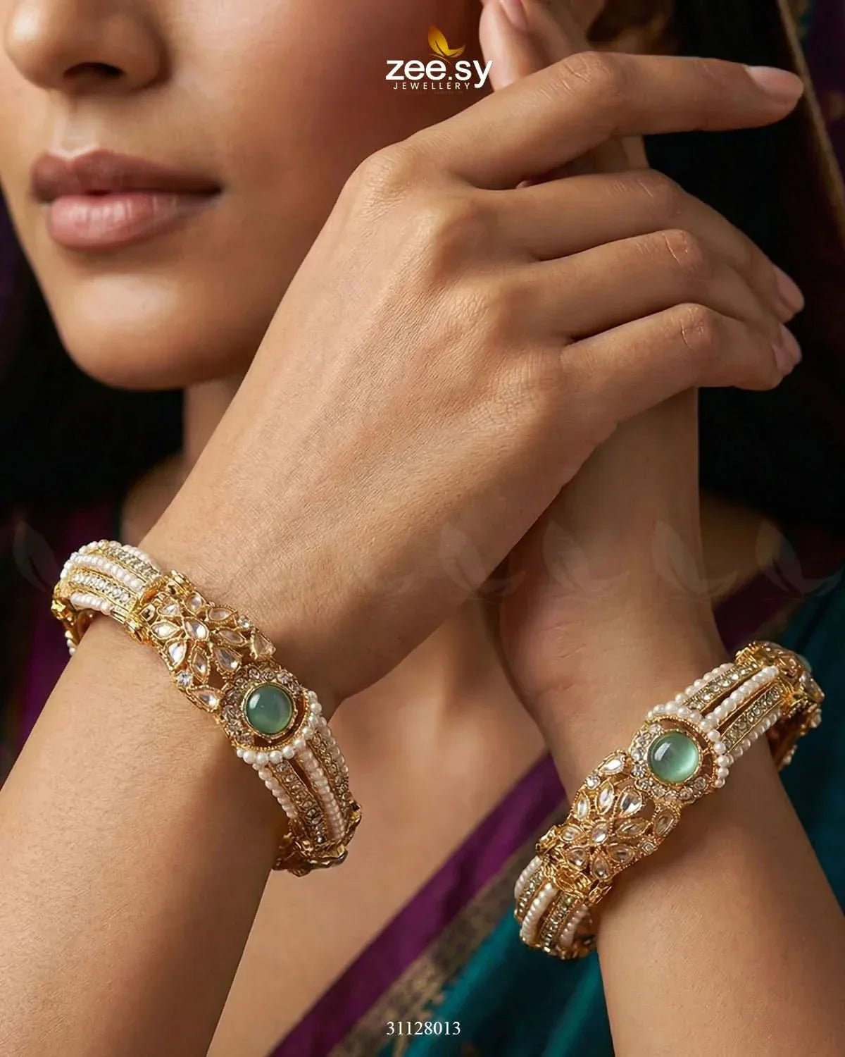 Royal Neel Cluster Pave Bangles Golden Mint Green BANGLES - Zeesy Jewellery Pakistan | Premium Artificial & Imitation Jewellery