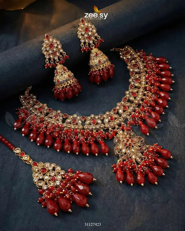 Shahi Qatra CutStone Bridal Set Red Bridal Set - Zeesy Jewellery Pakistan | Premium Artificial & Imitation Jewellery