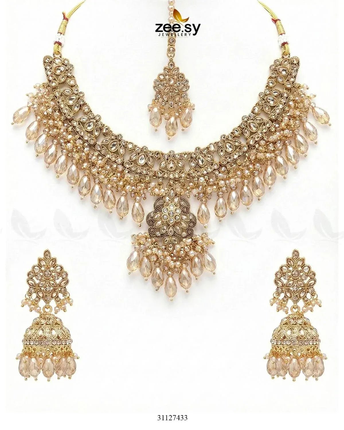 Shahi Qatra CutStone Bridal Set Champagne Bridal Set - Zeesy Jewellery Pakistan | Premium Artificial & Imitation Jewellery