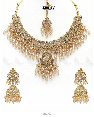 Shahi Qatra CutStone Bridal Set Champagne Bridal Set - Zeesy Jewellery Pakistan | Premium Artificial & Imitation Jewellery