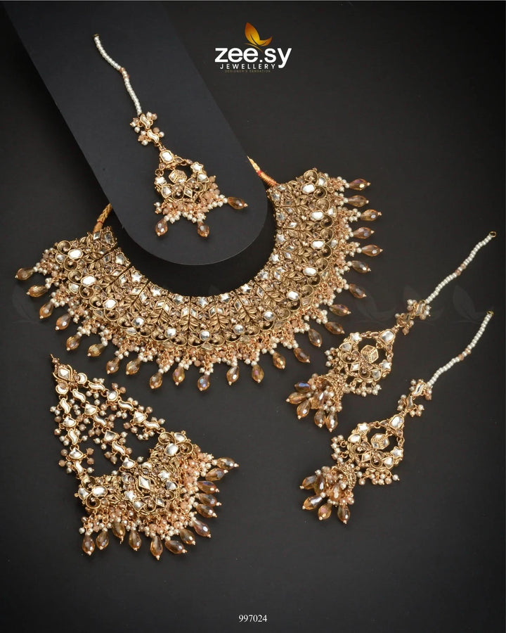 Flourishing Bridal Set Champagne Bridal Set - Zeesy Jewellery Pakistan | Premium Artificial & Imitation Jewellery