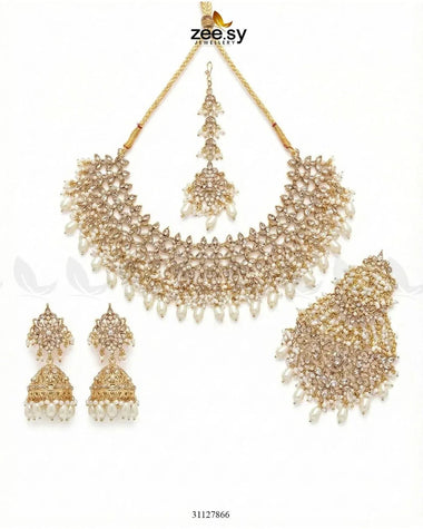 Imperial Malachite Gems Bridal Set Golden White Bridal Set - Zeesy Jewellery Pakistan | Premium Artificial & Imitation Jewellery