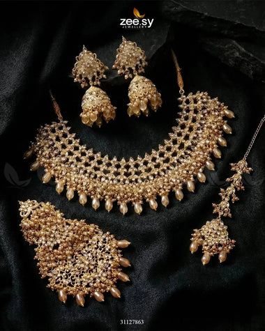 Imperial Malachite Gems Bridal Set Golden Champagne Bridal Set - Zeesy Jewellery Pakistan | Premium Artificial & Imitation Jewellery