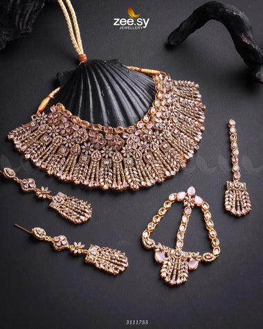 Momina Bridal Sets Golden Mint Pink Bridal Set - Zeesy Jewellery Pakistan | Premium Artificial & Imitation Jewellery