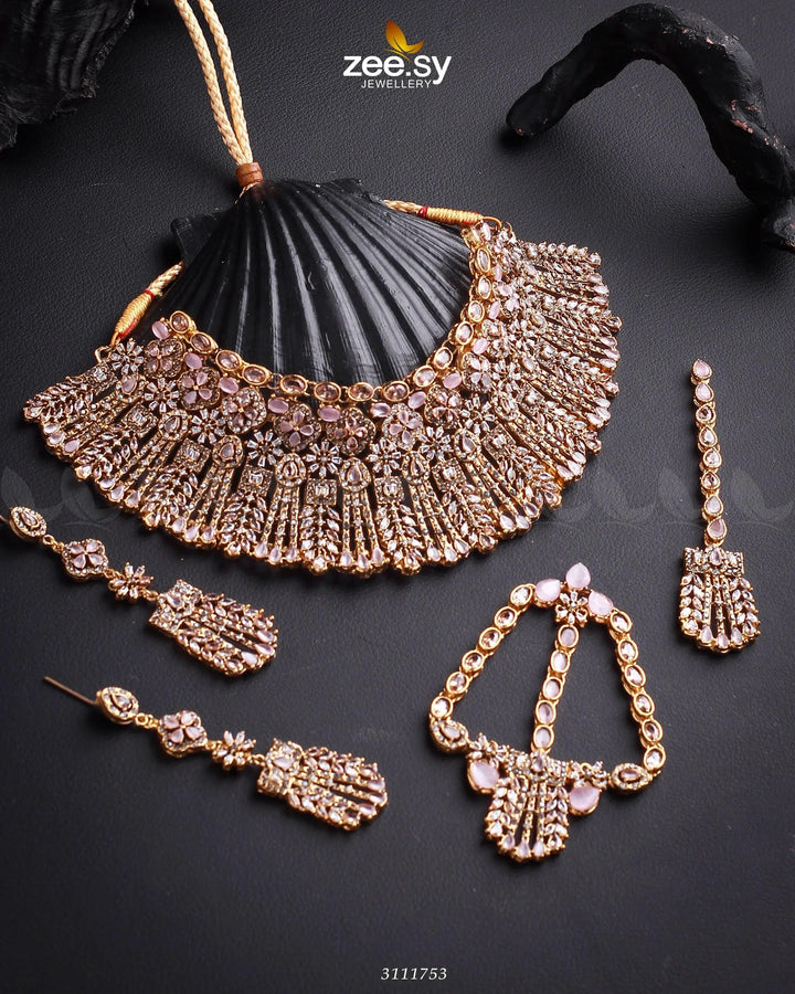 Momina Bridal Sets Golden Mint Pink Bridal Set - Zeesy Jewellery Pakistan | Premium Artificial & Imitation Jewellery