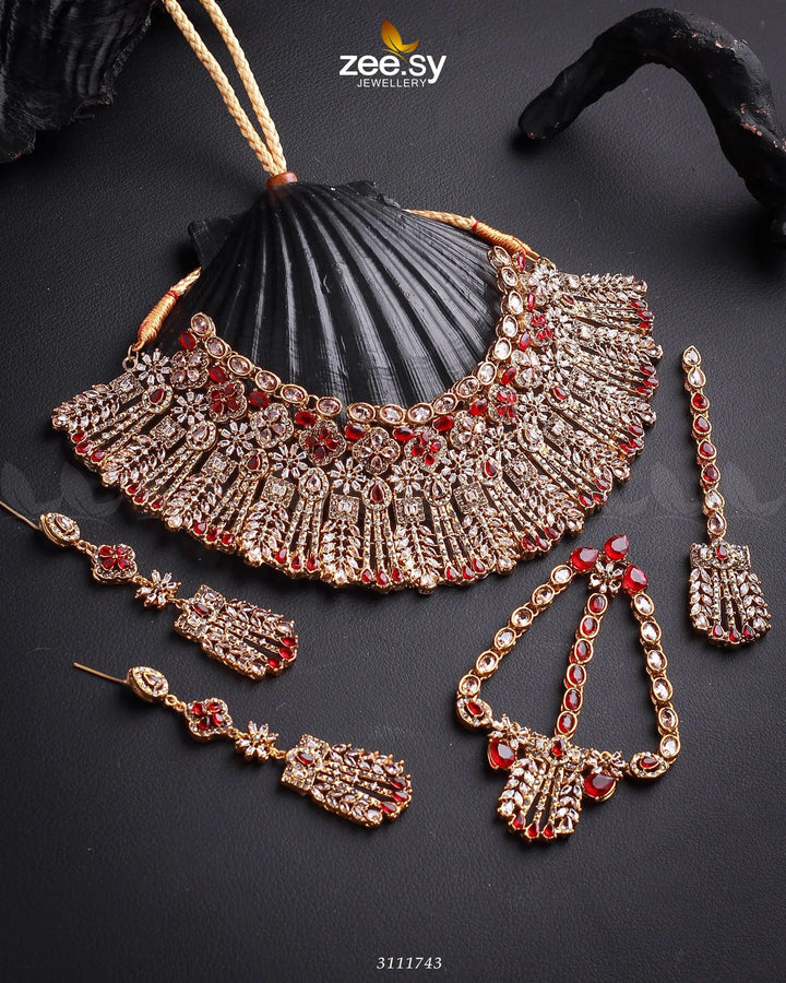 Momina Bridal Sets Golden Red Bridal Set - Zeesy Jewellery Pakistan | Premium Artificial & Imitation Jewellery
