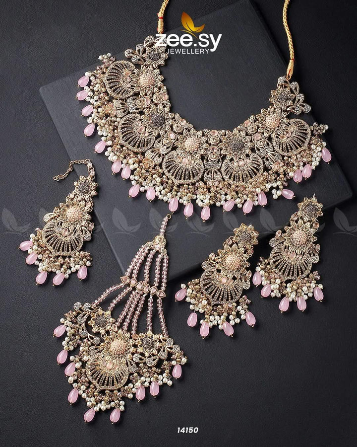 Yarrow Bridal Set Golden Mint Pink Bridal Set - Zeesy Jewellery Pakistan | Premium Artificial & Imitation Jewellery