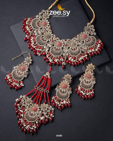 Yarrow Bridal Set Golden Red Bridal Set - Zeesy Jewellery Pakistan | Premium Artificial & Imitation Jewellery
