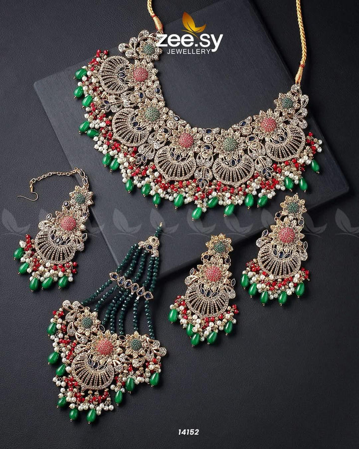 Yarrow Bridal Set Golden Red & Green Bridal Set - Zeesy Jewellery Pakistan | Premium Artificial & Imitation Jewellery