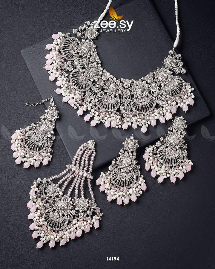 Yarrow Bridal Set Silver Mint Pink Bridal Set - Zeesy Jewellery Pakistan | Premium Artificial & Imitation Jewellery