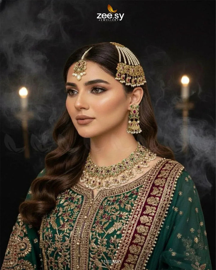 Dynasty Bridal Necklace Set Golden Red & Green Bridal Set - Zeesy Jewellery Pakistan | Premium Artificial & Imitation Jewellery