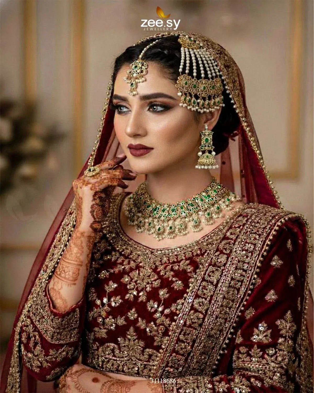 Dynasty Bridal Necklace Set Golden Green Bridal Set - Zeesy Jewellery Pakistan | Premium Artificial & Imitation Jewellery