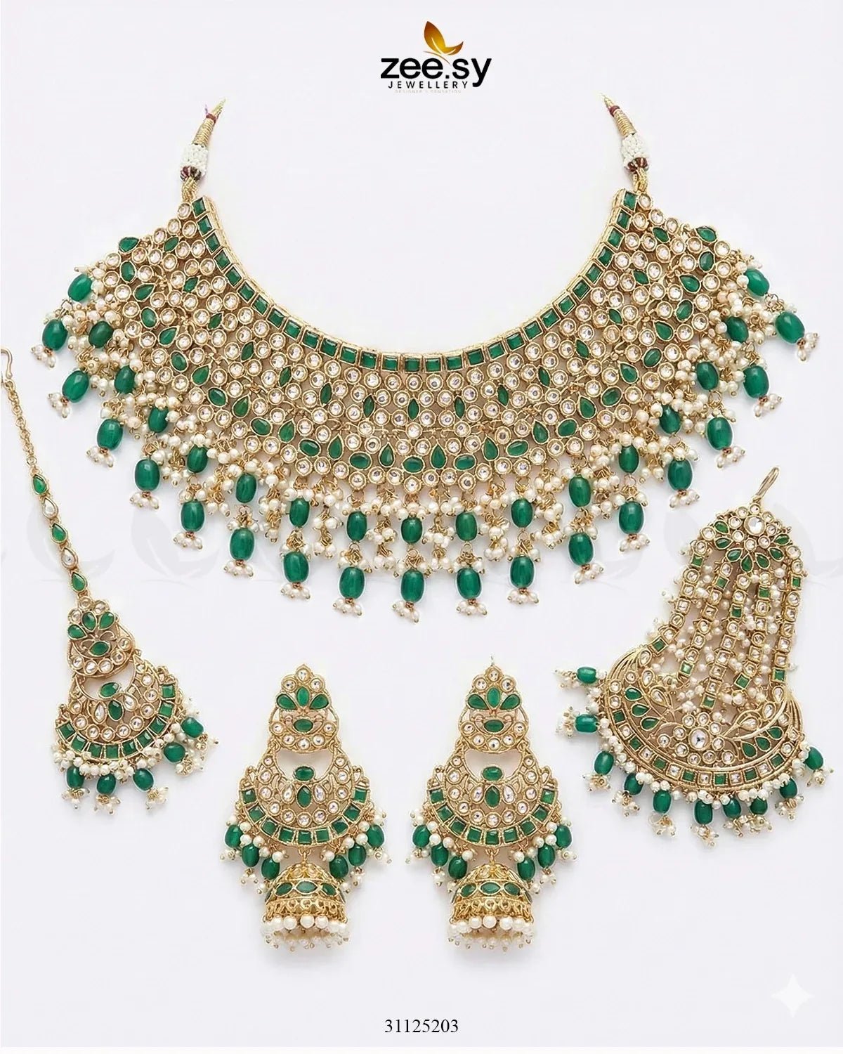 Eminent Wide Gilded Bridal Set Golden Green Bridal Set - Zeesy Jewellery Pakistan | Premium Artificial & Imitation Jewellery