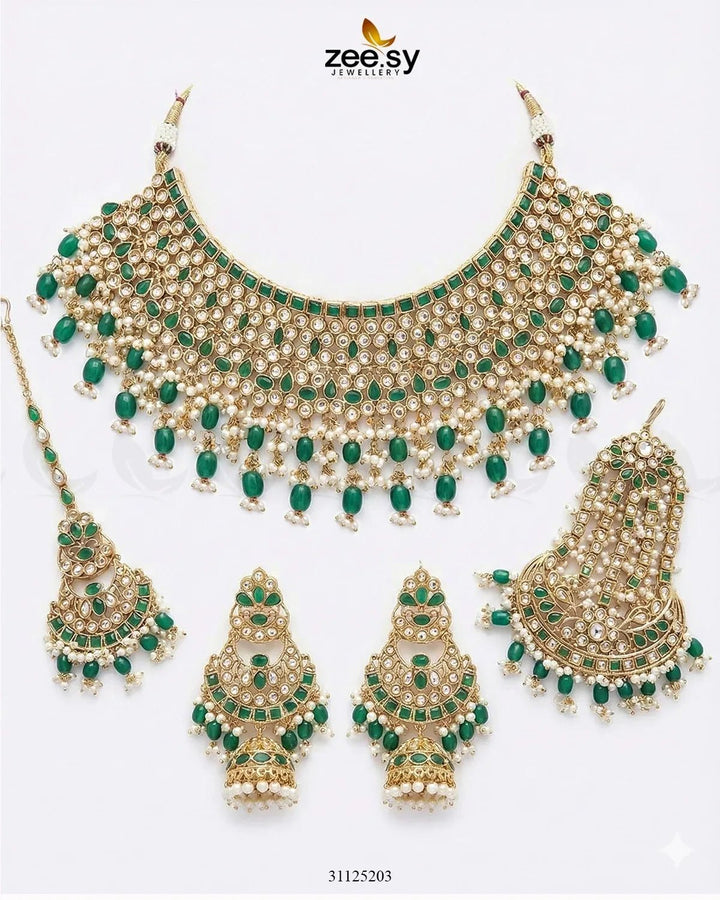 Eminent Wide Gilded Bridal Set Golden Green Bridal Set - Zeesy Jewellery Pakistan | Premium Artificial & Imitation Jewellery