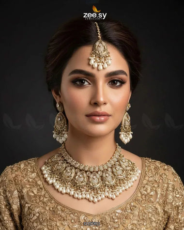 Vintage Amber Zircon Bridal Set Golden Pearl Bridal Set - Zeesy Jewellery Pakistan | Premium Artificial & Imitation Jewellery