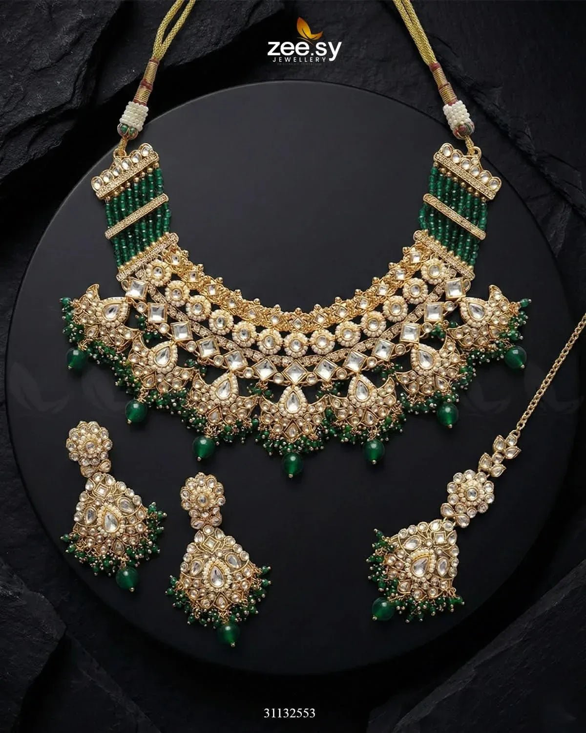 Anarkali Faux Pearl Bridal Set Golden Green Bridal Set - Zeesy Jewellery Pakistan | Premium Artificial & Imitation Jewellery