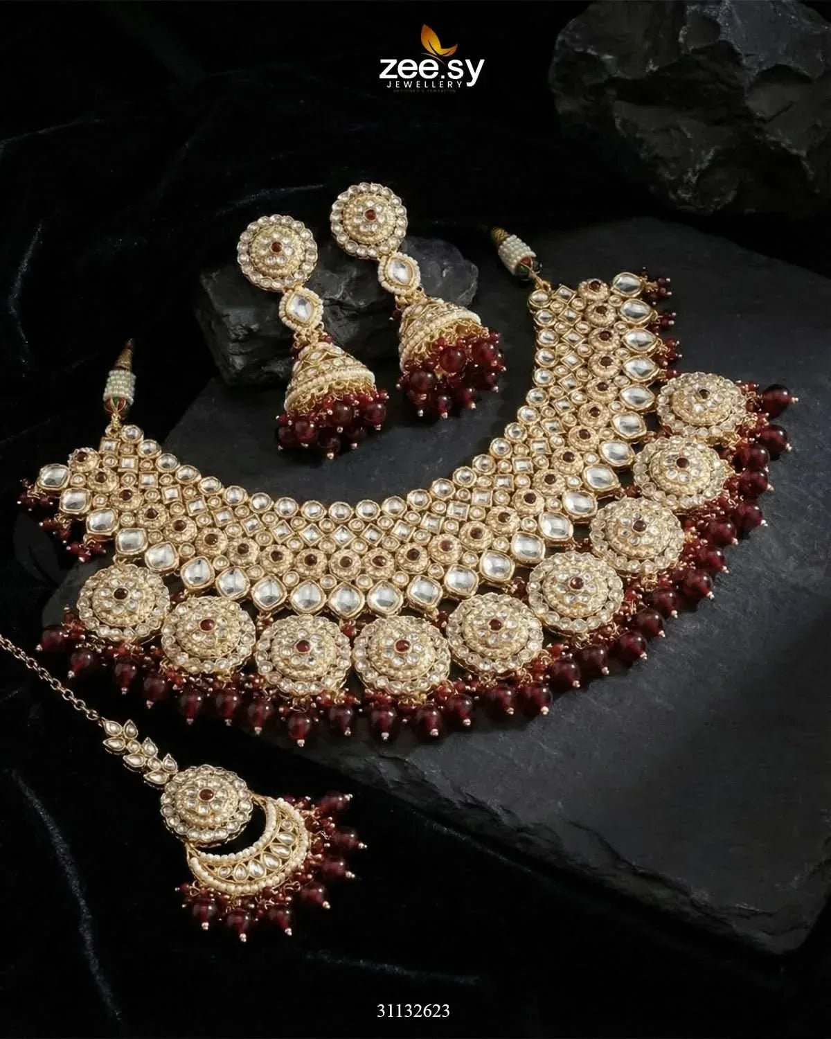 Royal Flower Kundan Bridal Set Golden Red Bridal Set - Zeesy Jewellery Pakistan | Premium Artificial & Imitation Jewellery