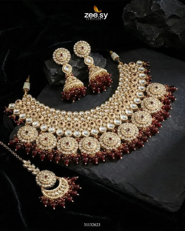 Royal Flower Kundan Bridal Set Golden Red Bridal Set - Zeesy Jewellery Pakistan | Premium Artificial & Imitation Jewellery