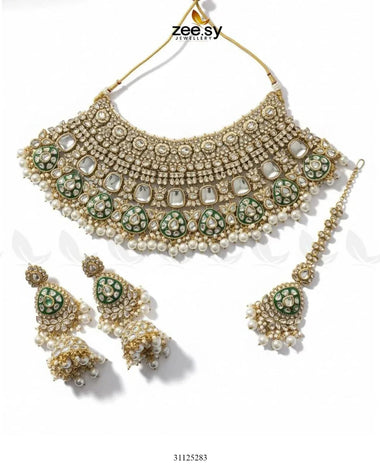 Royal Intricate Crystal Bridal Set Golden Pearl Bridal Set - Zeesy Jewellery Pakistan | Premium Artificial & Imitation Jewellery