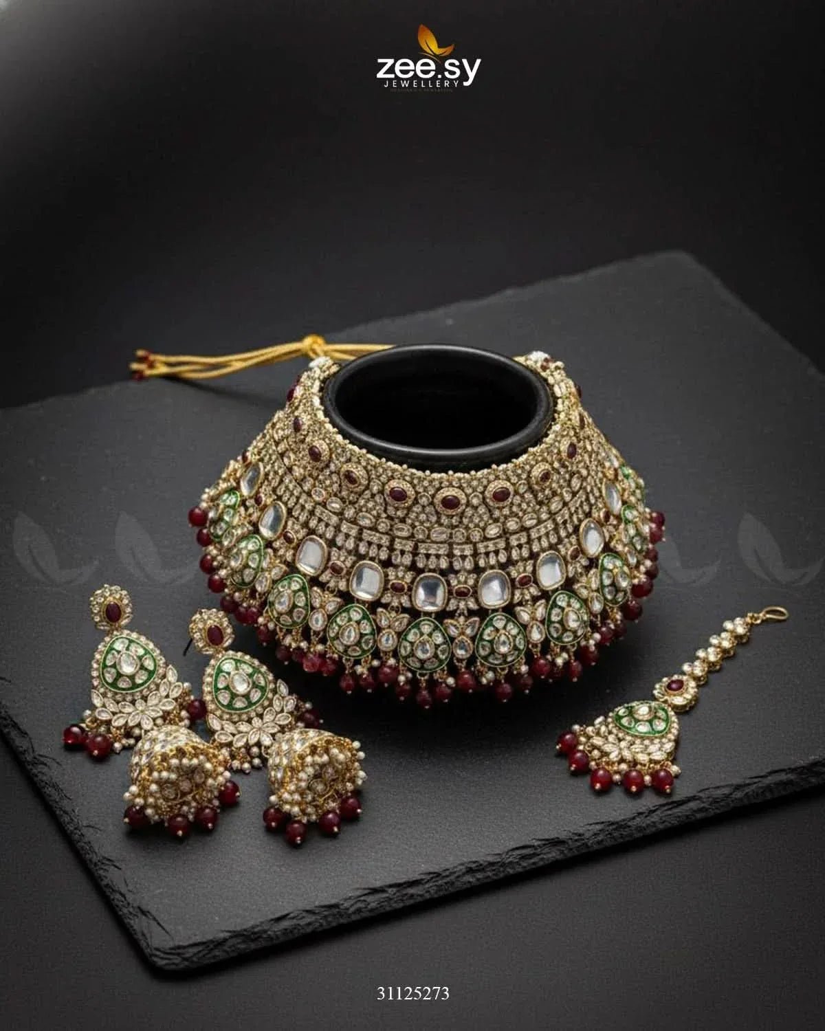 Royal Intricate Crystal Bridal Set Golden Red Bridal Set - Zeesy Jewellery Pakistan | Premium Artificial & Imitation Jewellery