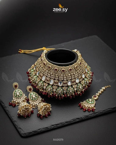 Royal Intricate Crystal Bridal Set Golden Red Bridal Set - Zeesy Jewellery Pakistan | Premium Artificial & Imitation Jewellery