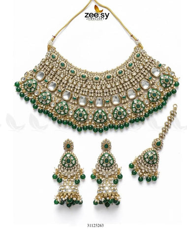 Royal Intricate Crystal Bridal Set Golden Green Bridal Set - Zeesy Jewellery Pakistan | Premium Artificial & Imitation Jewellery