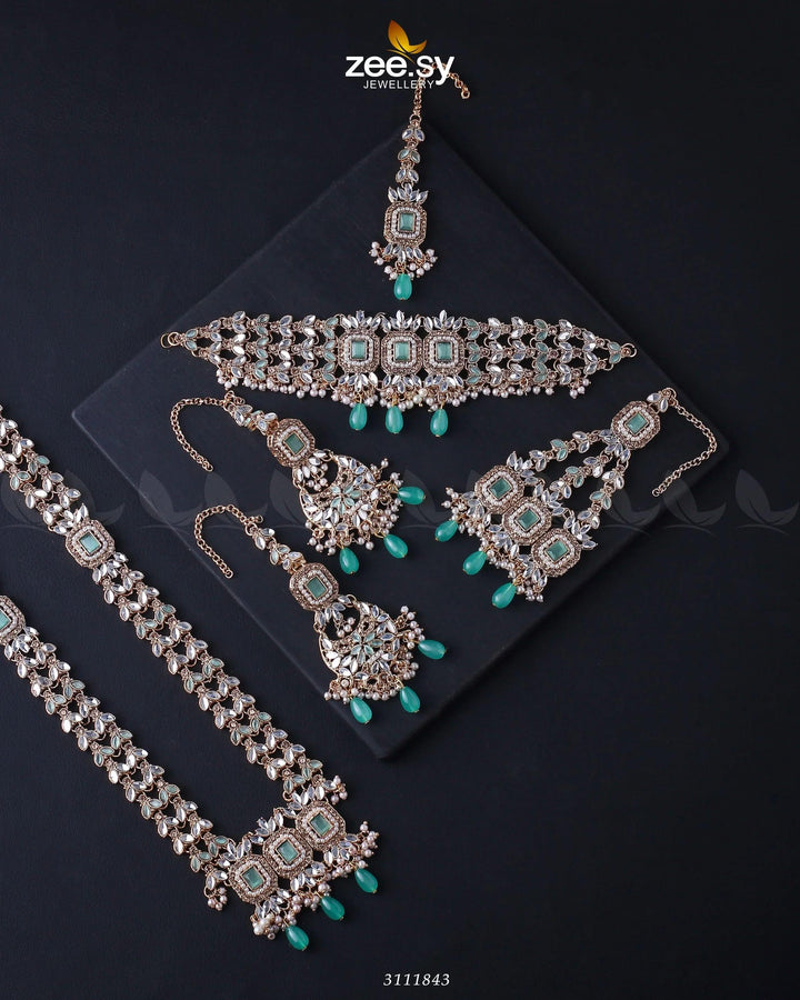 Anushka Bridal Set Golden Mint Green Bridal Set - Zeesy Jewellery Pakistan | Premium Artificial & Imitation Jewellery