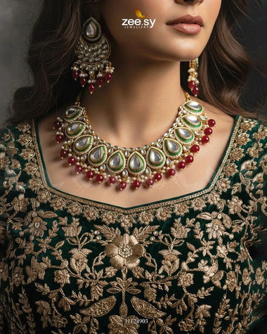 Grandeur Crystal Bridal Set Golden Red Bridal Set - Zeesy Jewellery Pakistan | Premium Artificial & Imitation Jewellery