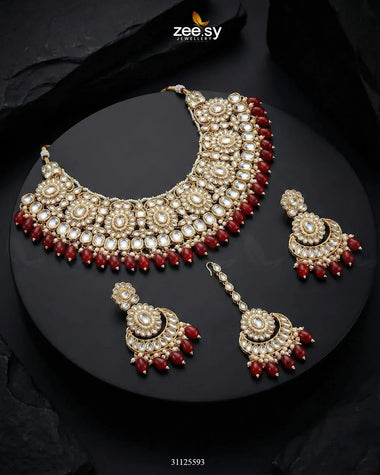Magnificat Wide Gilded Bridal Set Golden Red Bridal Set - Zeesy Jewellery Pakistan | Premium Artificial & Imitation Jewellery