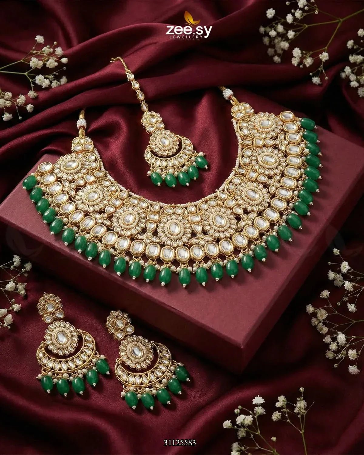 Magnificat Wide Gilded Bridal Set Golden Green Bridal Set - Zeesy Jewellery Pakistan | Premium Artificial & Imitation Jewellery