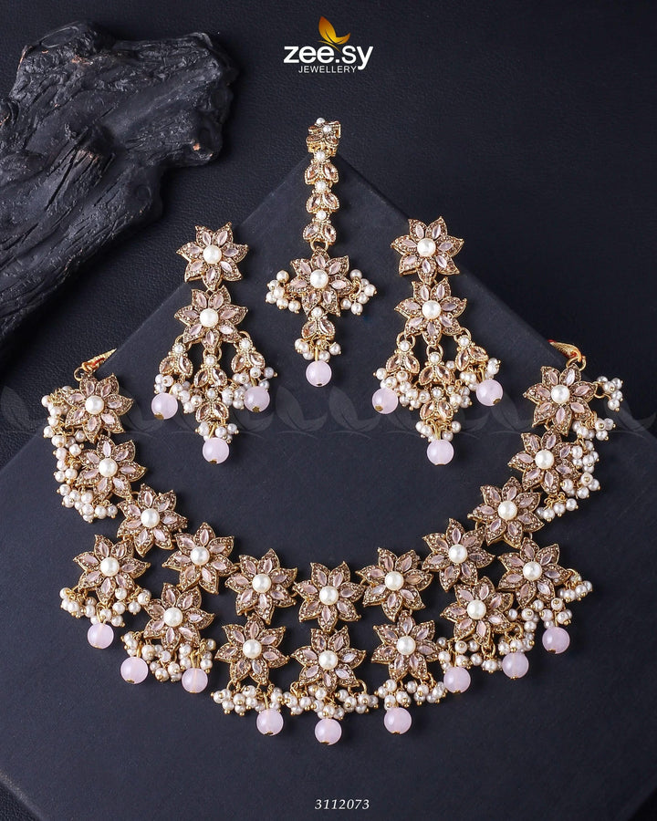 Monarda Bridal Sets Golden Mint Pink Bridal Set - Zeesy Jewellery Pakistan | Premium Artificial & Imitation Jewellery