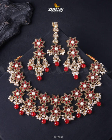Monarda Bridal Sets Golden Red Bridal Set - Zeesy Jewellery Pakistan | Premium Artificial & Imitation Jewellery