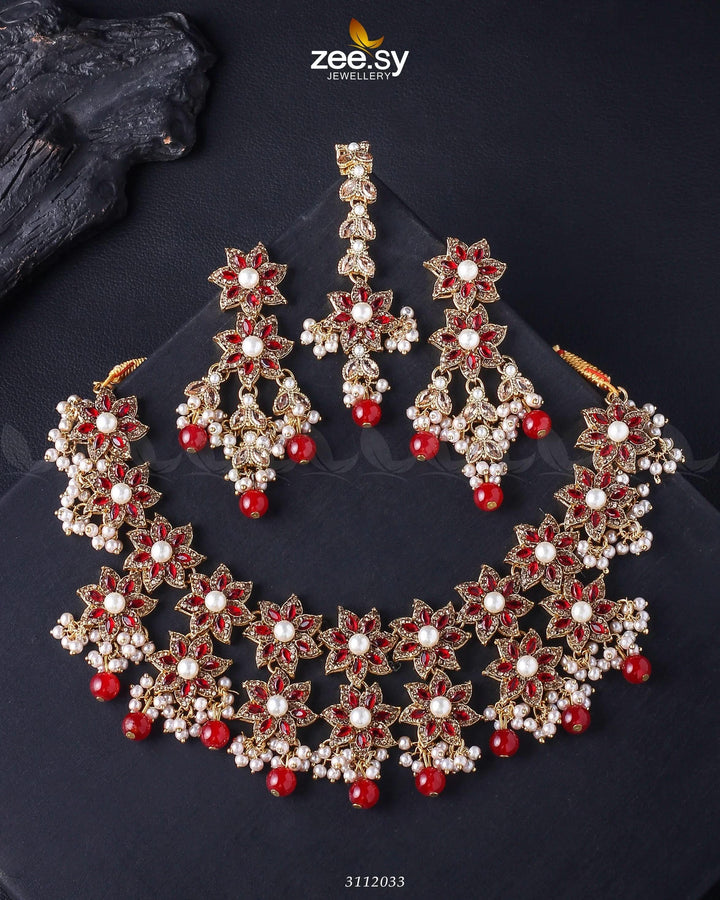 Monarda Bridal Sets Golden Red Bridal Set - Zeesy Jewellery Pakistan | Premium Artificial & Imitation Jewellery