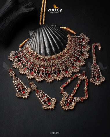 Resham Bridal Set Golden Red Bridal Set - Zeesy Jewellery Pakistan | Premium Artificial & Imitation Jewellery