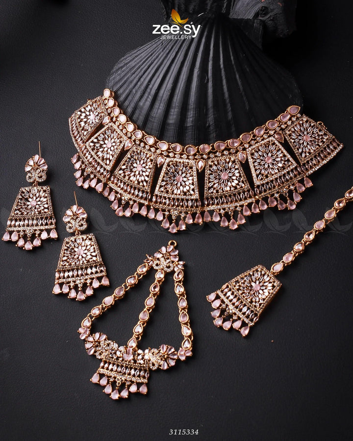 Royal Bridal Set Golden Mint Pink Bridal Set - Zeesy Jewellery Pakistan | Premium Artificial & Imitation Jewellery