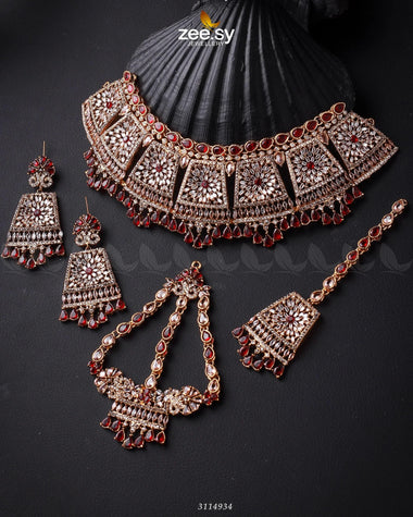 Royal Bridal Set Golden Red Bridal Set - Zeesy Jewellery Pakistan | Premium Artificial & Imitation Jewellery