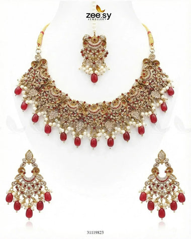 Faiqa's Rhodium Polished Bridal Set Red Bridal Set - Zeesy Jewellery Pakistan | Premium Artificial & Imitation Jewellery