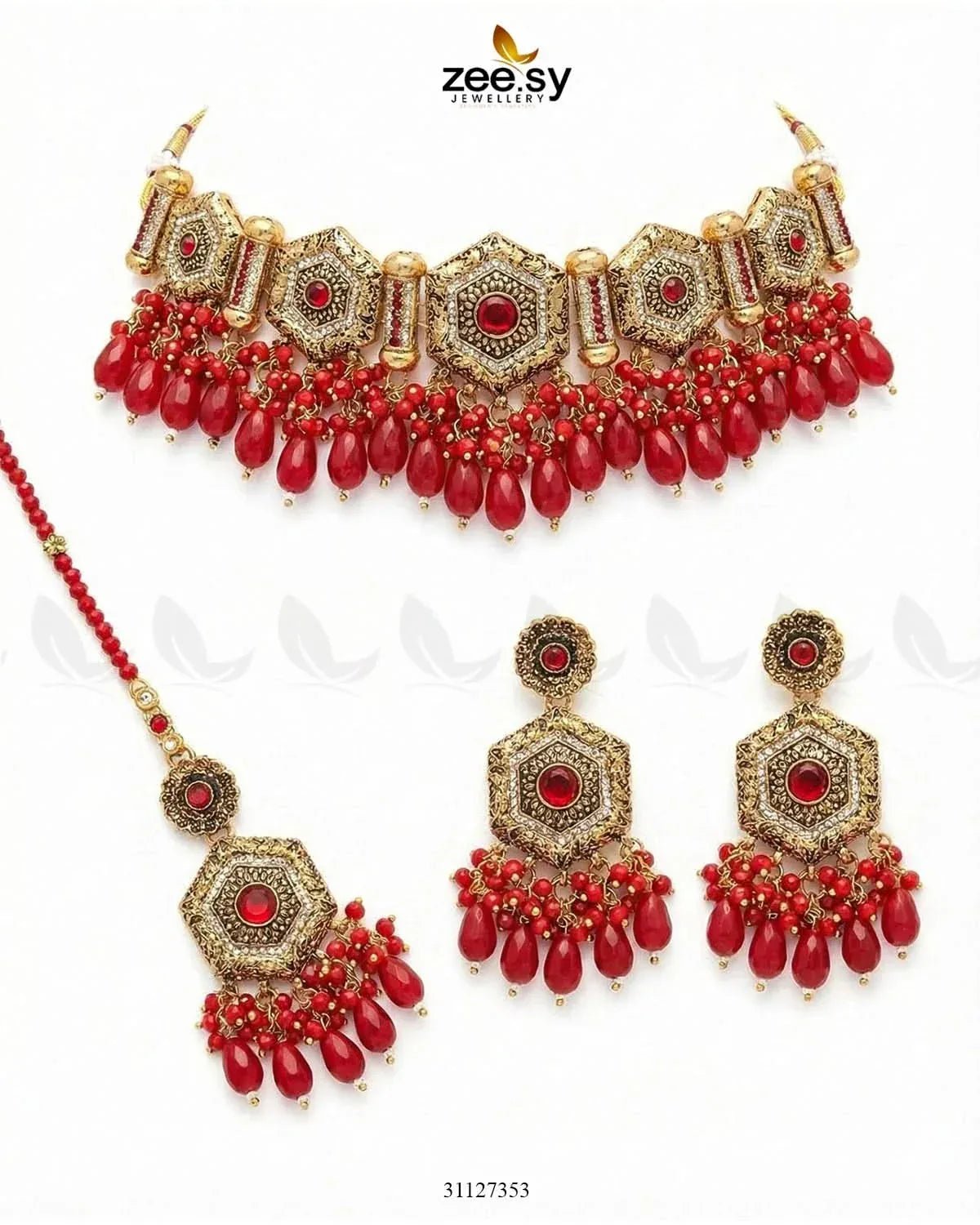 Precious Diamond CutStone Bridal Set Red Bridal Set - Zeesy Jewellery Pakistan | Premium Artificial & Imitation Jewellery