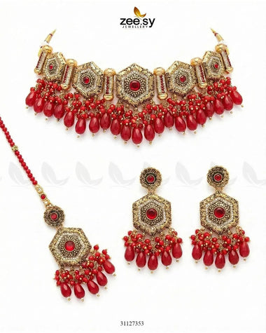 Precious Diamond CutStone Bridal Set Red Bridal Set - Zeesy Jewellery Pakistan | Premium Artificial & Imitation Jewellery